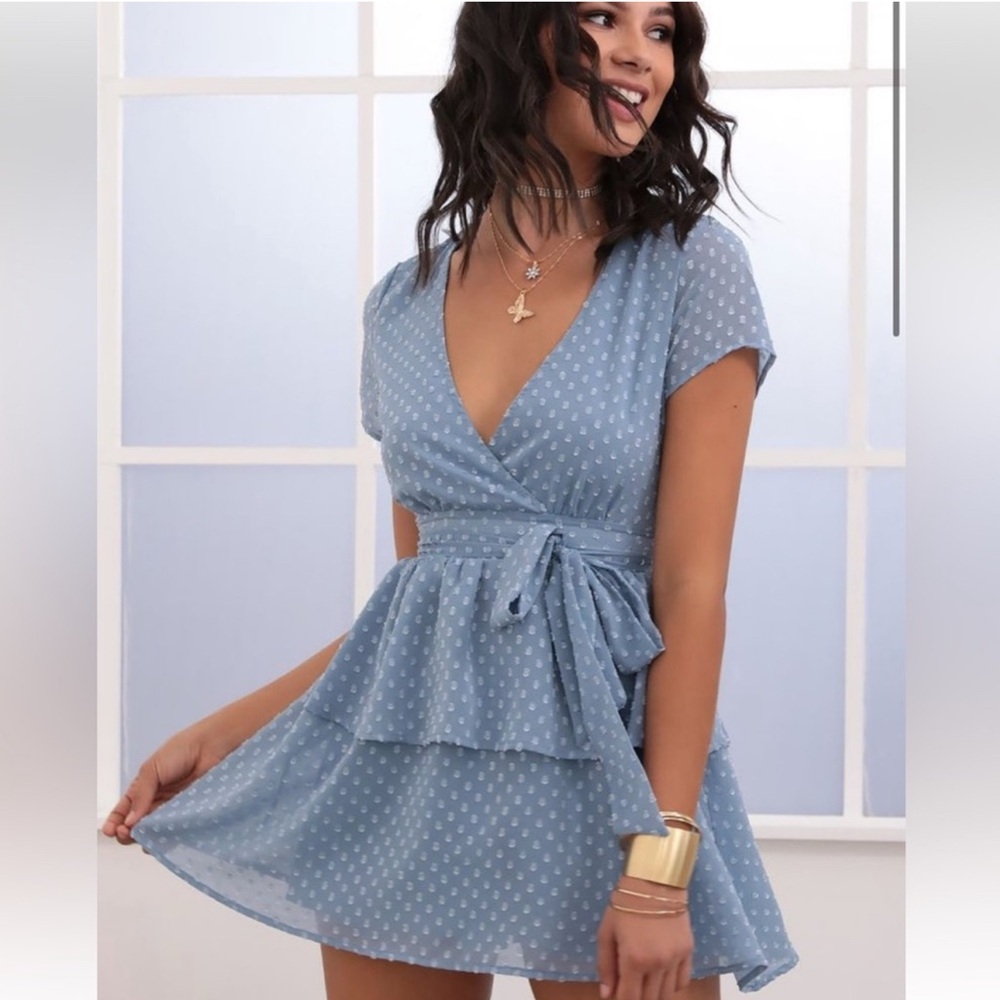 Lucy in the Sky Light Blue‎ Polka Dot Take Me to Paris Mini Dress Size S - Picture 3 of 9